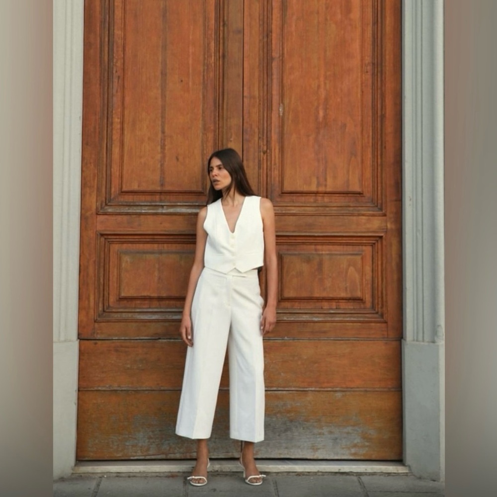 Zara Tailored White Cropped Pant Oyster White - Size S